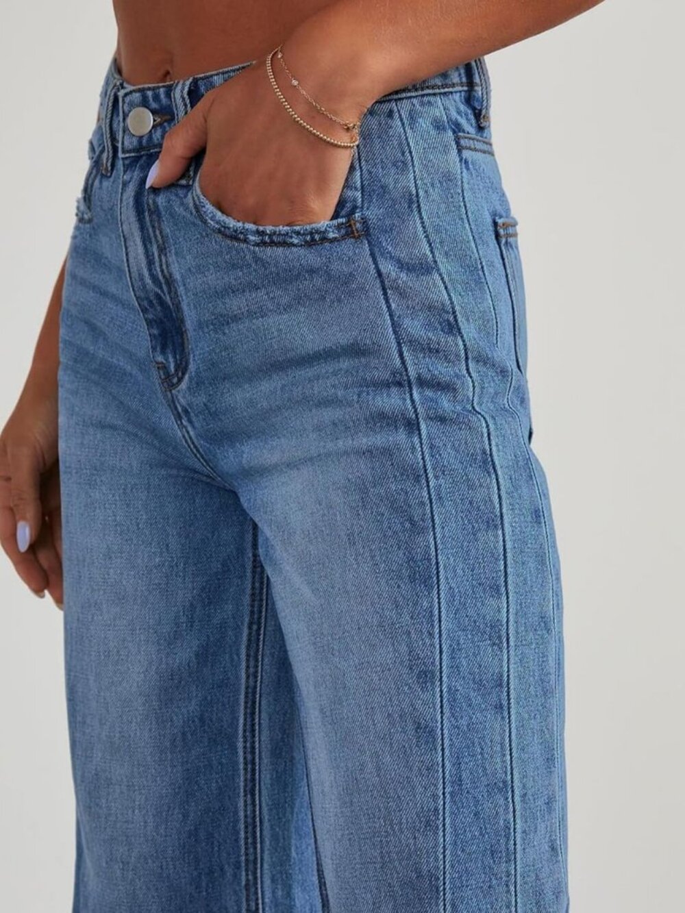 High-Waisted Wide Leg Jeans for Women | Stretchy Raw Hem Denim Pants - Picture 4 of 9